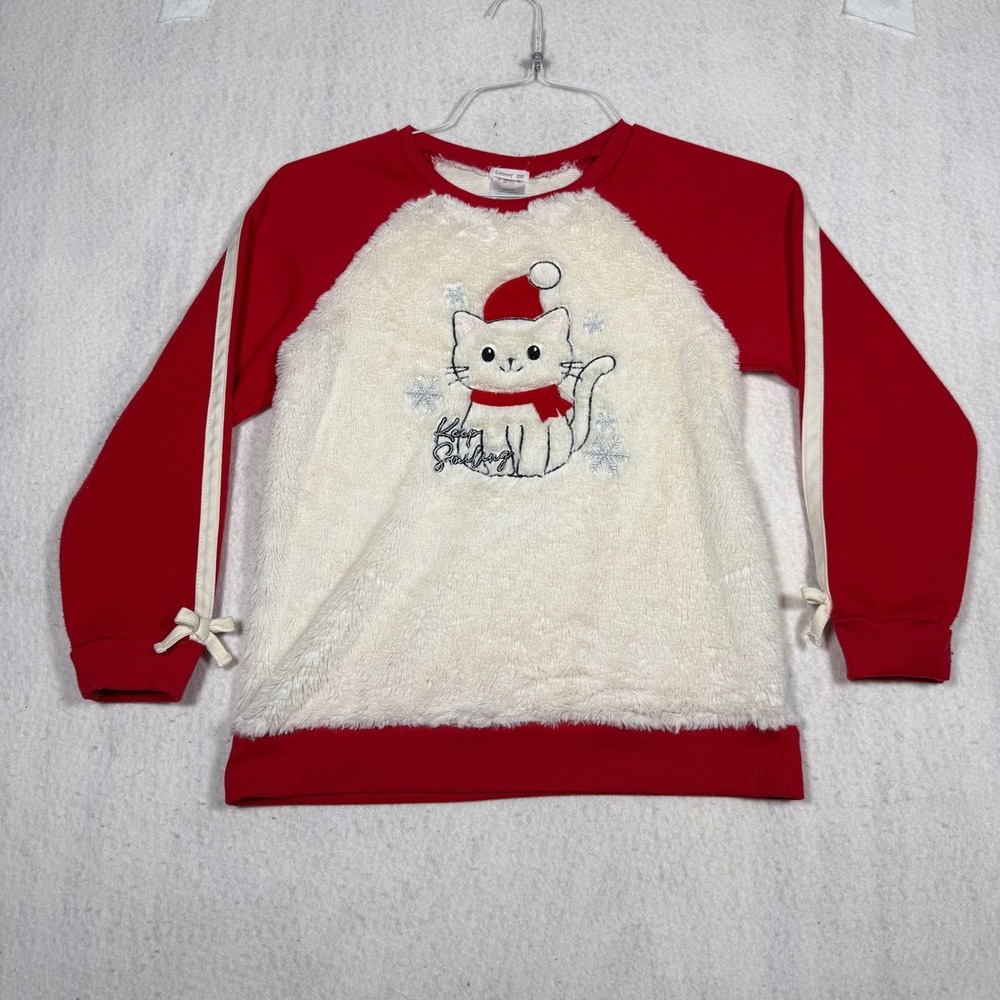 Forever Me Girls Red Faux Fur Christmas Cat Sweatshirt Size L 10/12 Bow Sleeves